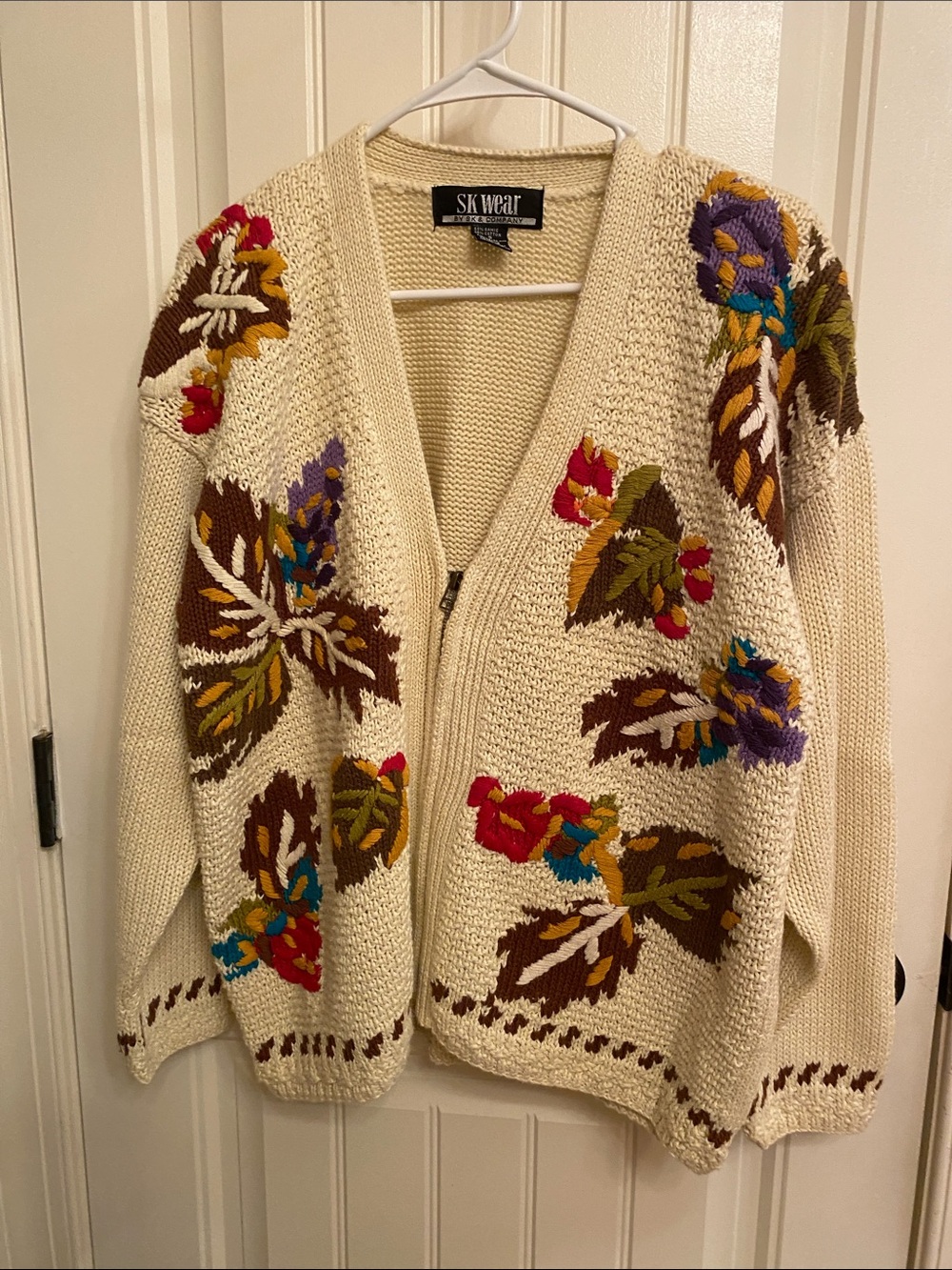 SK Wear Cream Floral Embroidered Zip Cardigan